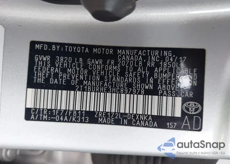 2017 Toyota Corolla Le из США, поврежденный, VIN 2T1BURHE3HC897978